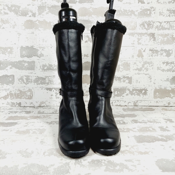 Boutique Black Leather Fur Trim Buckle Ankle Strap Block Heel Winter Boots D357 - Picture 6 of 13